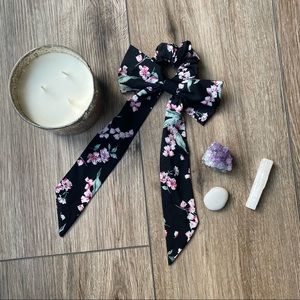 Black Pink Floral Ribbon Bow Scrunchie w/ Long Tails | Coquette Cottagecore NWOT